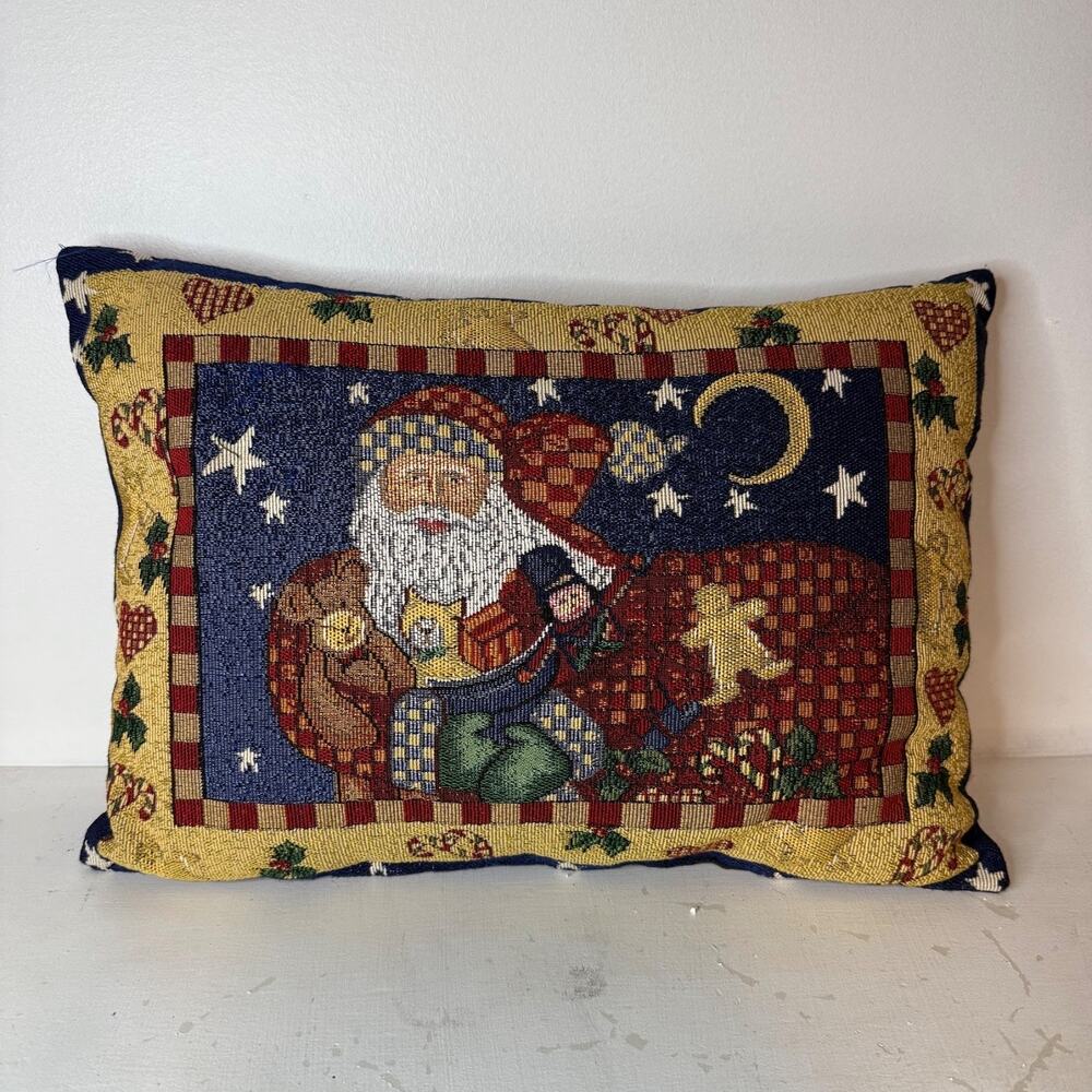 VTG Old Fashioned Santa Claus Folk Art Tapestry Needlepoint Style Pillow Xmas